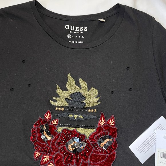 NWT GUESS Studded-Appliqué Ripped T-Shirt - Picture 10 of 13